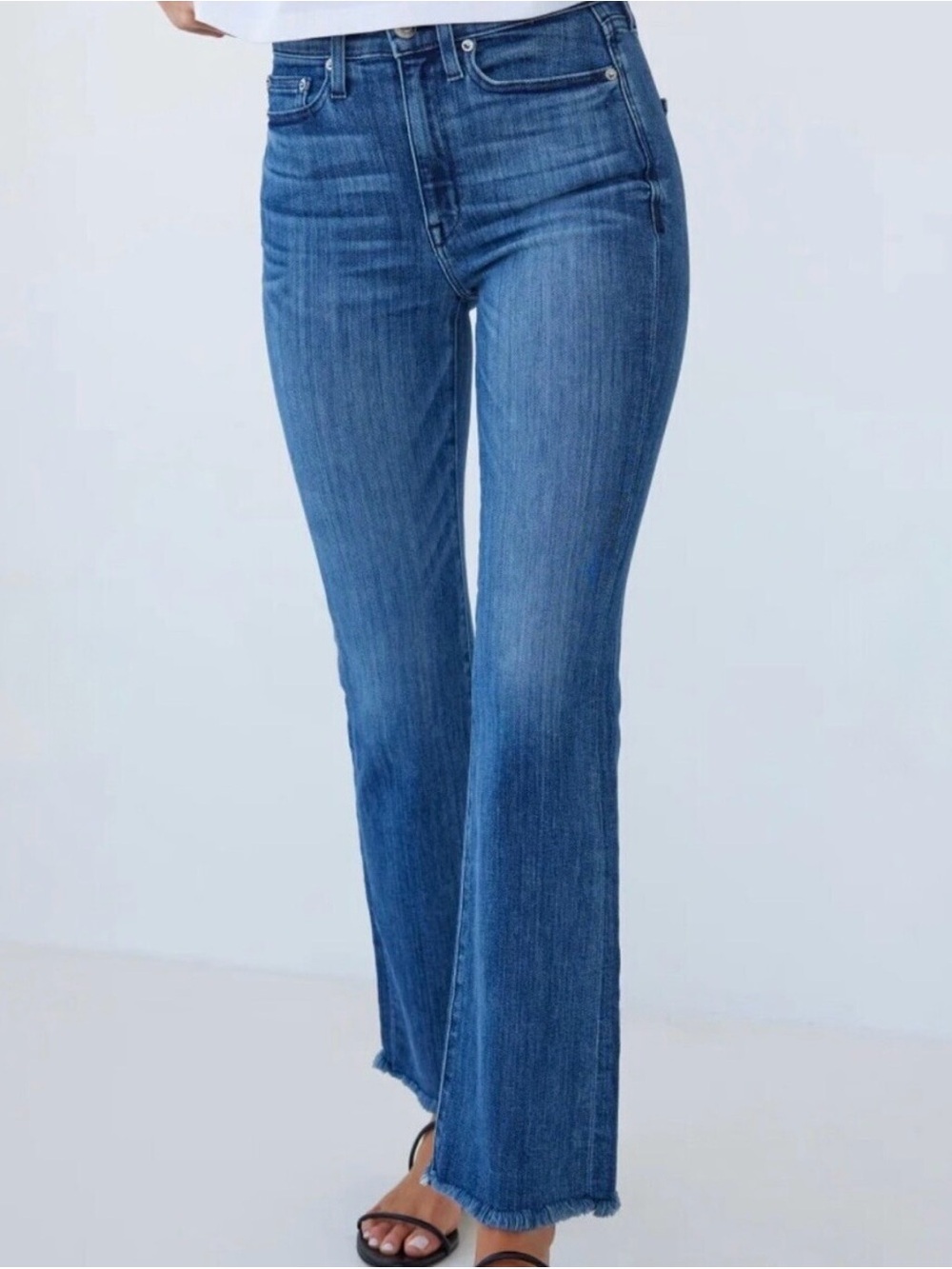 MOTHER High-Rise Flare Jeans in Medium Blue Denim